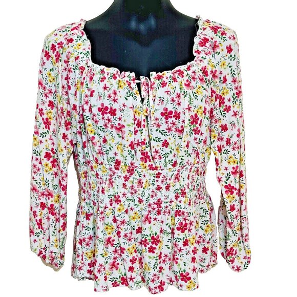 No Boundaries - Women's Junior's White, Pink Floral Print Gathered Peplum XL - Picture 7 of 11